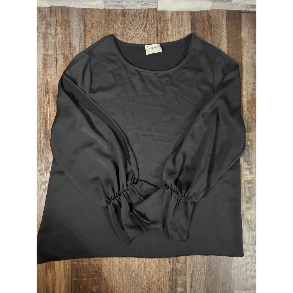 Everly Polyester Open Slit Balloon Sleeves Blouse Women L Black stretch